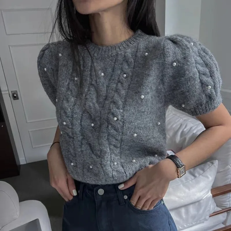 Short Sleeve Twists Knit Pearl Sweaters Slim Vintage Tops Pullover Pull Femme Women Grey Sueters De Mujer Jumper Y2k Clothes