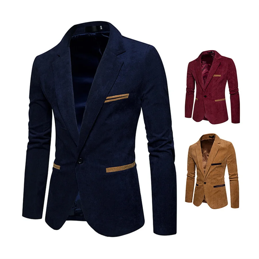2026 New Men Casual Corduroy Blazers Fashion Patchwork Single Button Jackets Slim Fit Suit Jacket Men's Clothing Business Coat