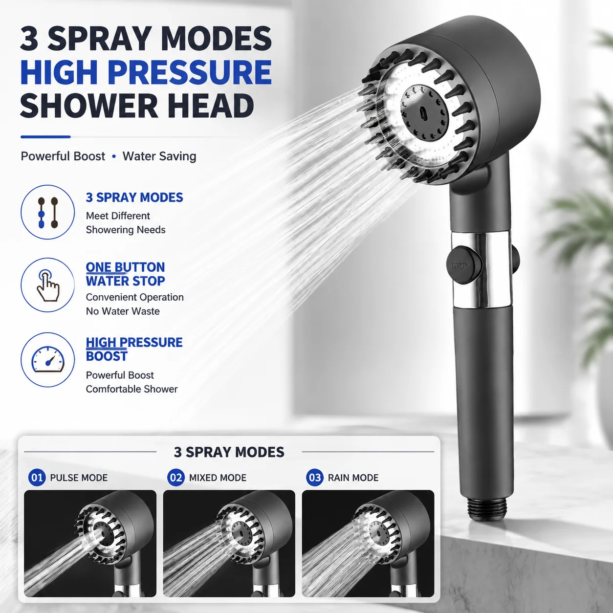 High Pressure Shower 3 Spray Modes One Key Water Stop Hard Water Purification in Black Gray Purple for Shower Use Solely
