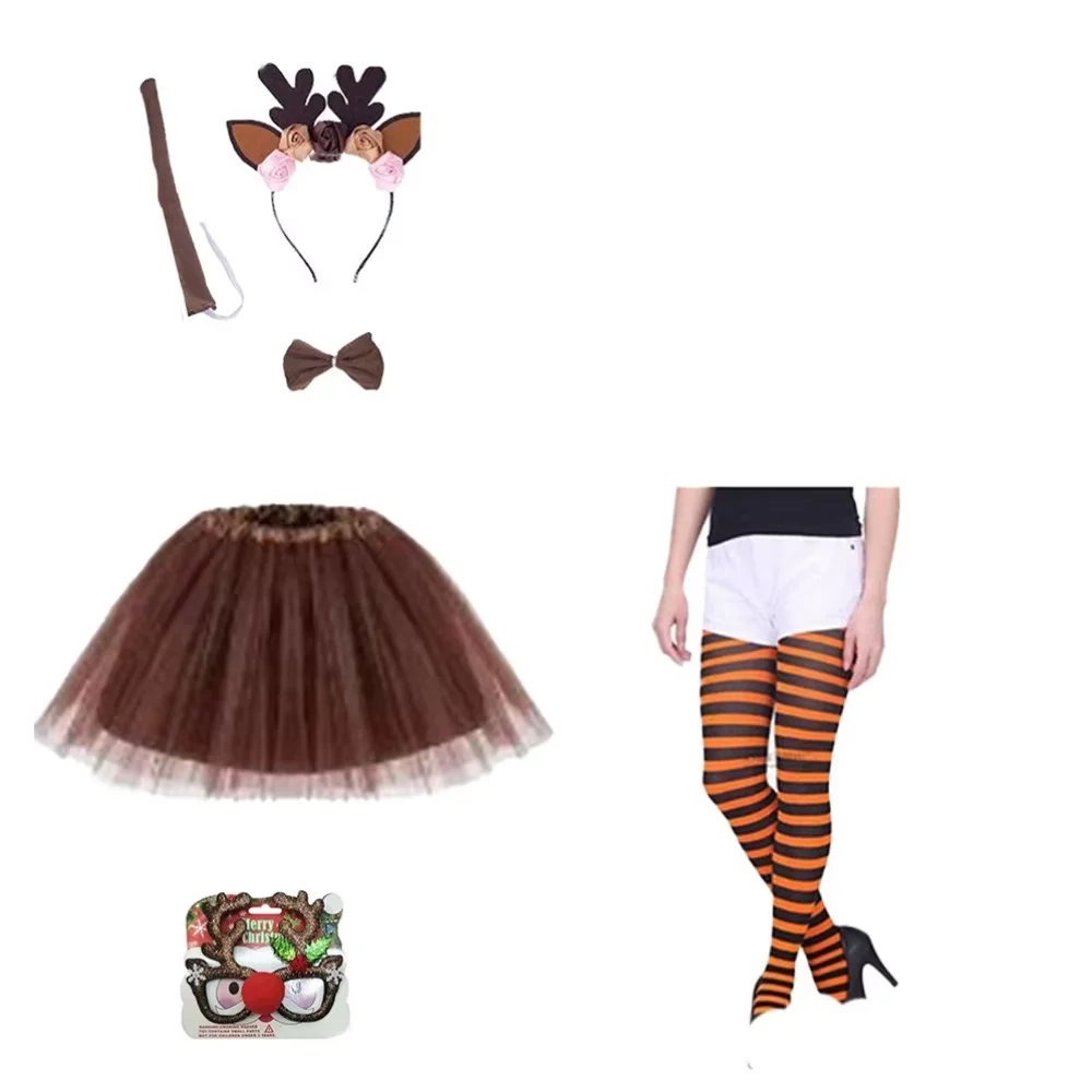 PESENAR Reindeer Costume for Women - Adult Deer Antlers Headband, Tail Tutu Skirt, Socks & Tie for Halloween, Christmas