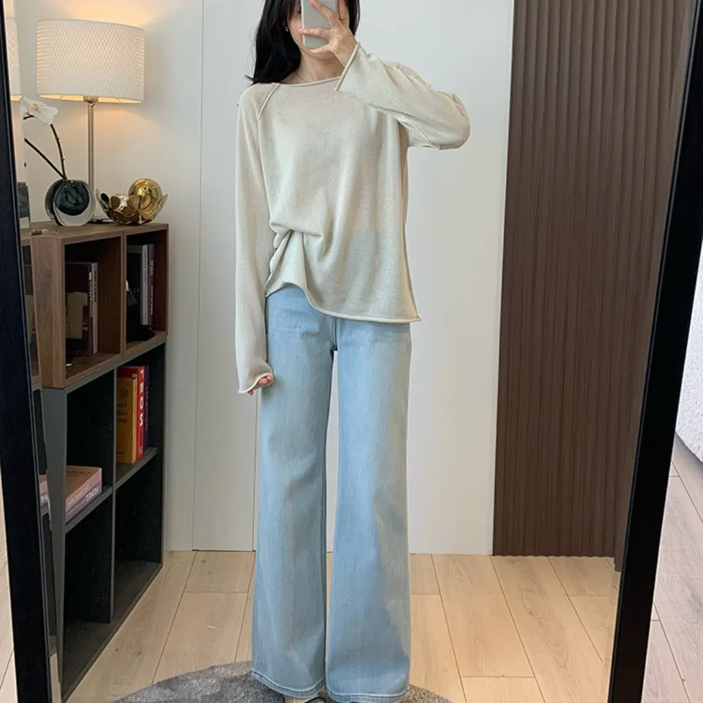 

Atmospheric Lazy Style Lyocell Linen Crewneck Long Sleeve Blouse Loose Side Slit Design Breathable Women's Top G041012