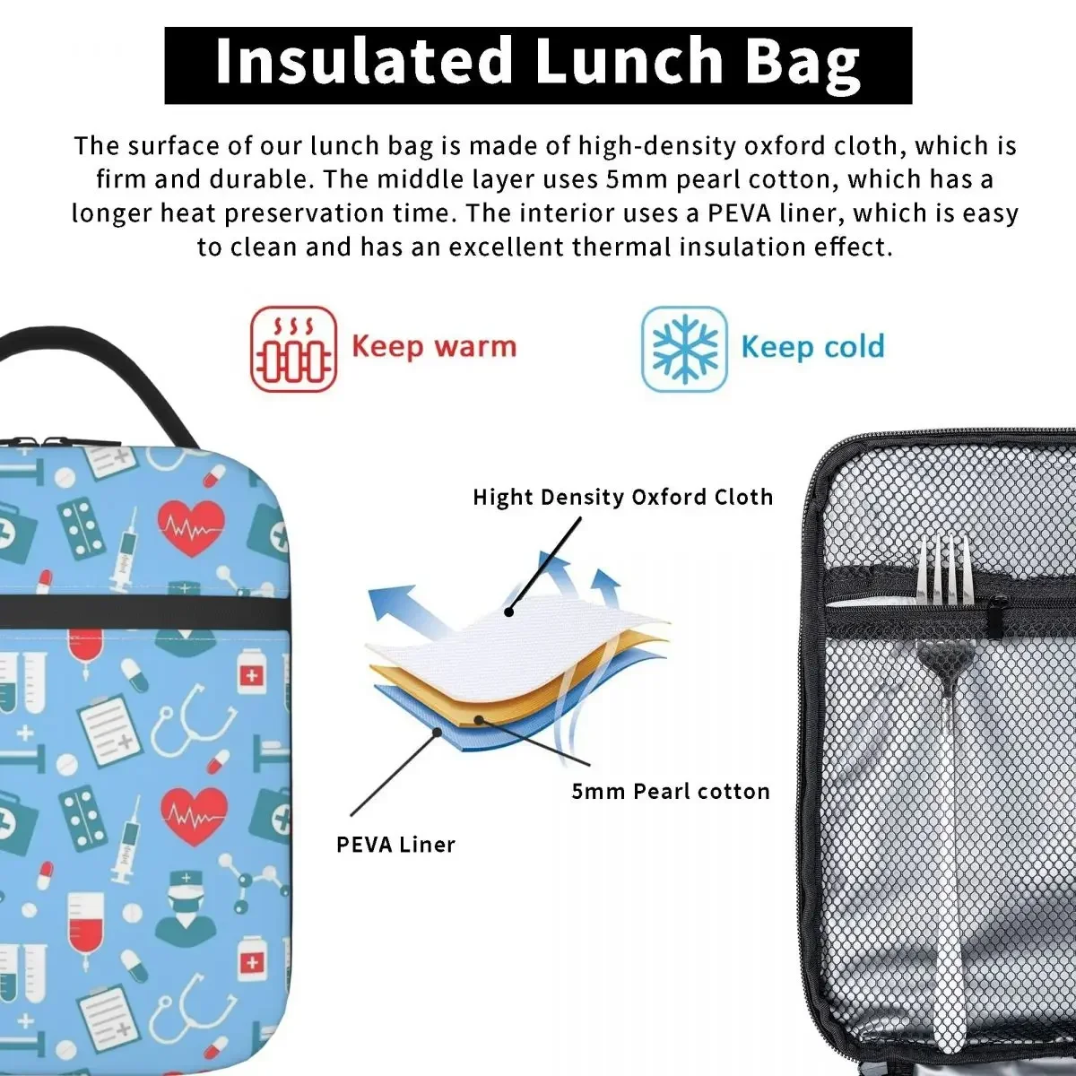 Cute Nursing Pattern Nurse Merch Insulated Lunch Tote Bag For Travel Food Storage Bag Portable Thermal Cooler Lunch Boxes