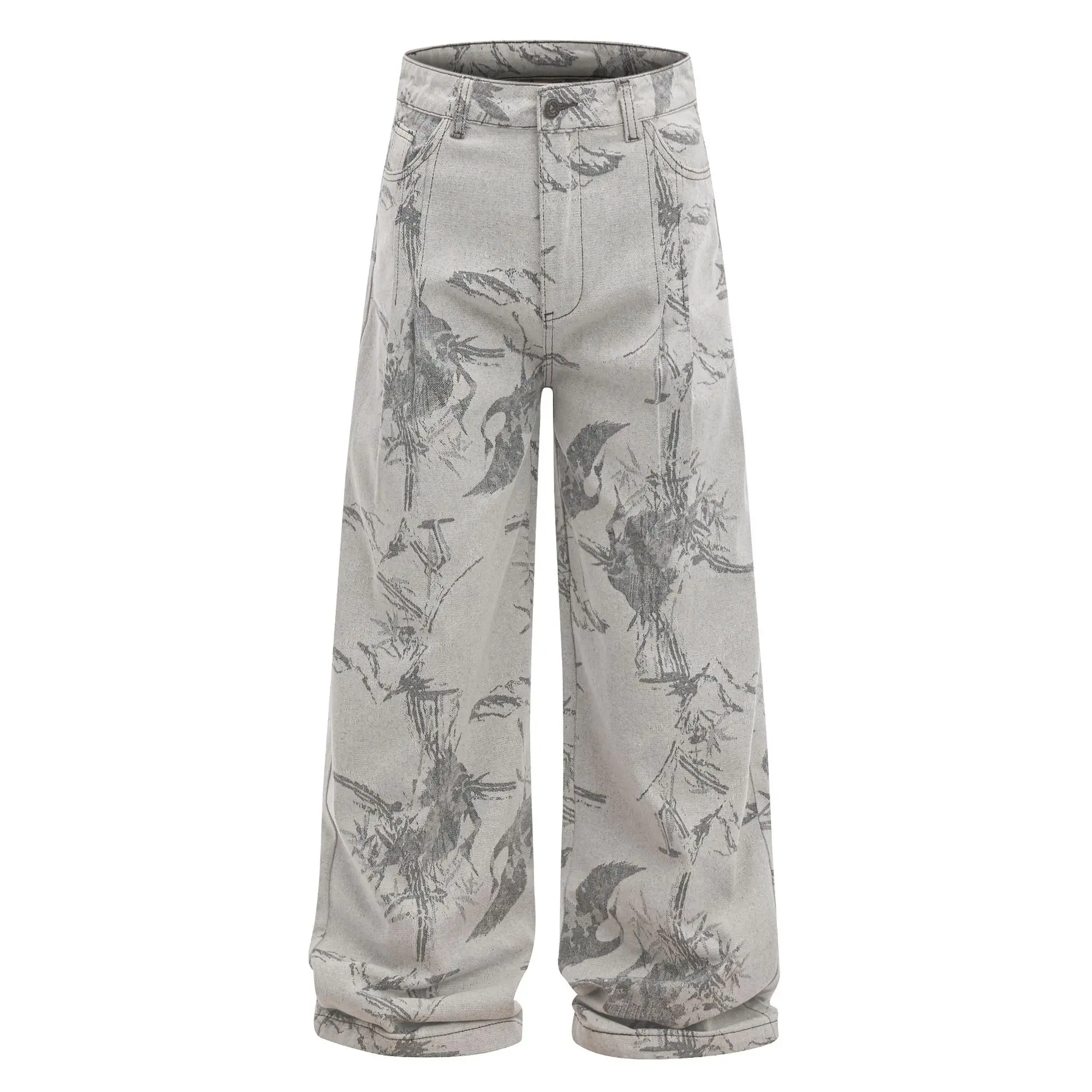OR FL Women's New Chinese Style Ink Wash Painting Print Jeans National Trend Advanced Design Sense Staraight Wide Leg Pants Y2k