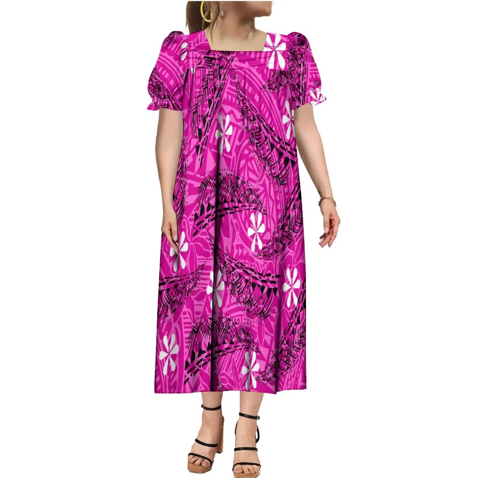 2023 New Bubble Sleeve Dress Polynesian Vintage Pattern Low cut Dress Temperament Casual Long Dress Custom Pattern