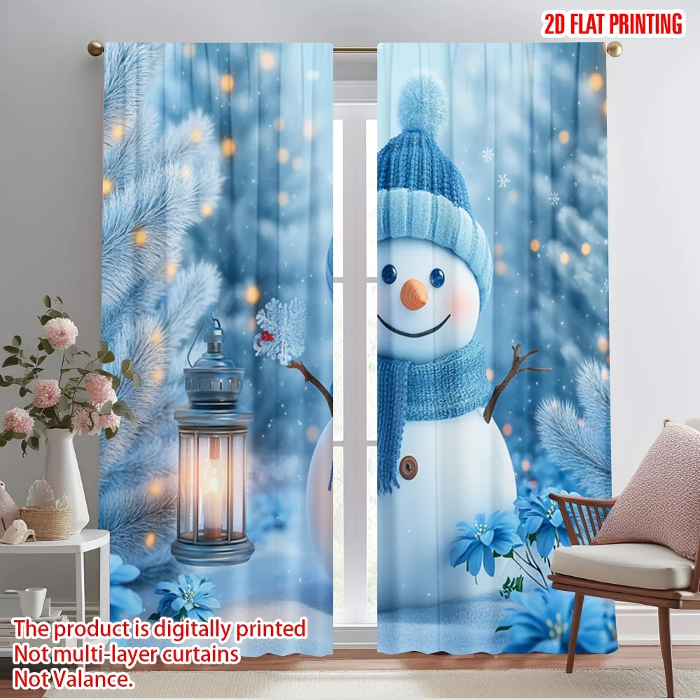 2pcs,2D plane printing Curtains Roller Blinds Cute Snowman Christmas Winter Decorations Polyester Fabric (without rod) Versatile