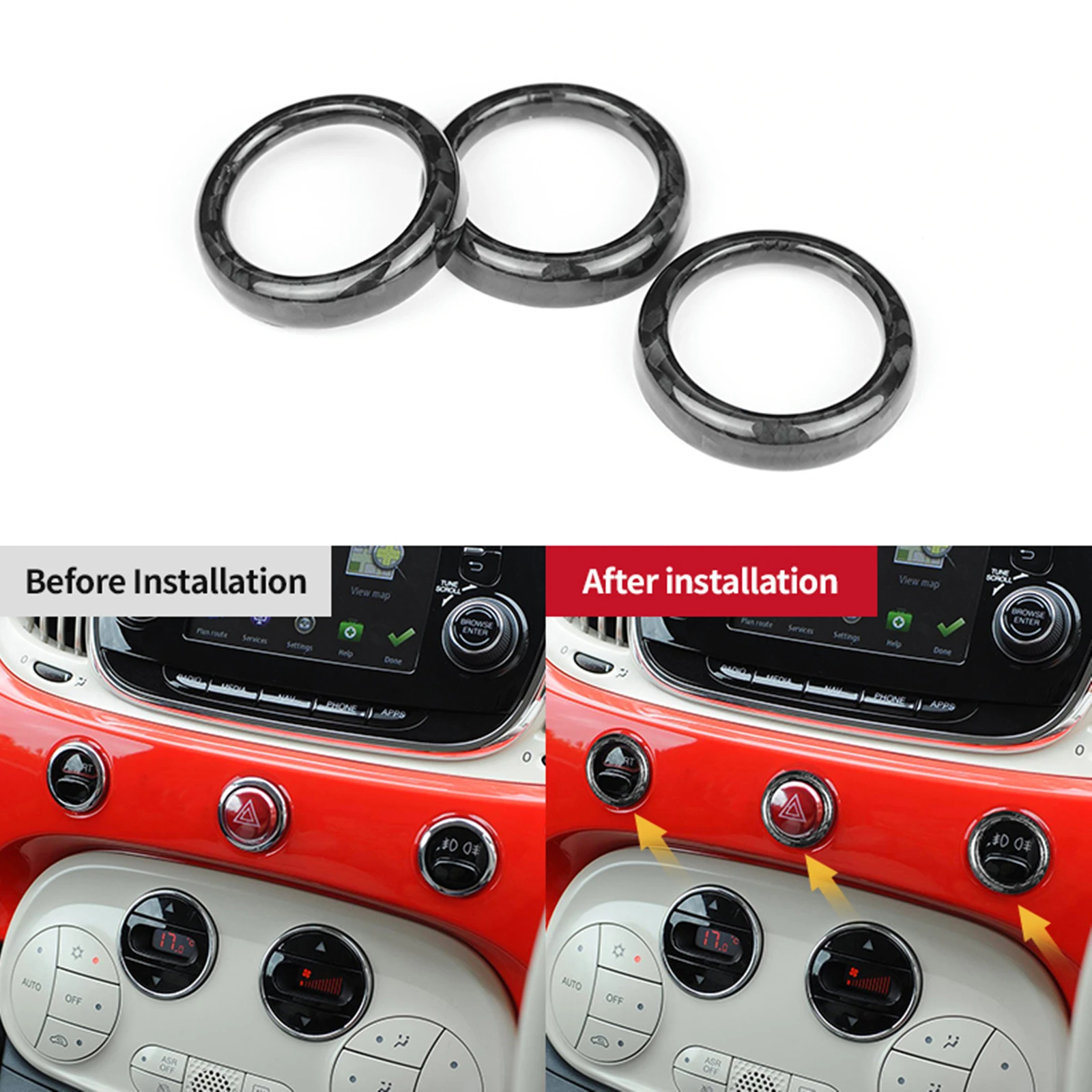 

For Fiat 500 2008+ Abarth 595 695 2012+ Real Dry Carbon Fiber Interior Dashboard Instrument Panel Switch Button Trim Ring Cover