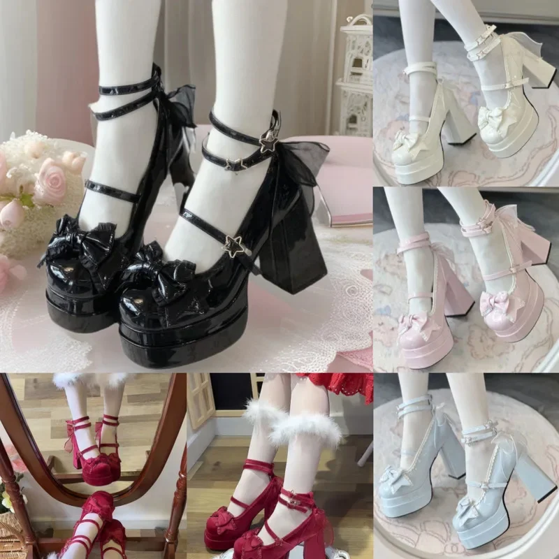 

Туфли Star Bow Love Y2K Lolita JK Little Rose Кожаные туфли для тортов Юбки принцессы Симпатичные туфли с круглым носком на высоком каблуке Горячие туфли для девочек Новинка