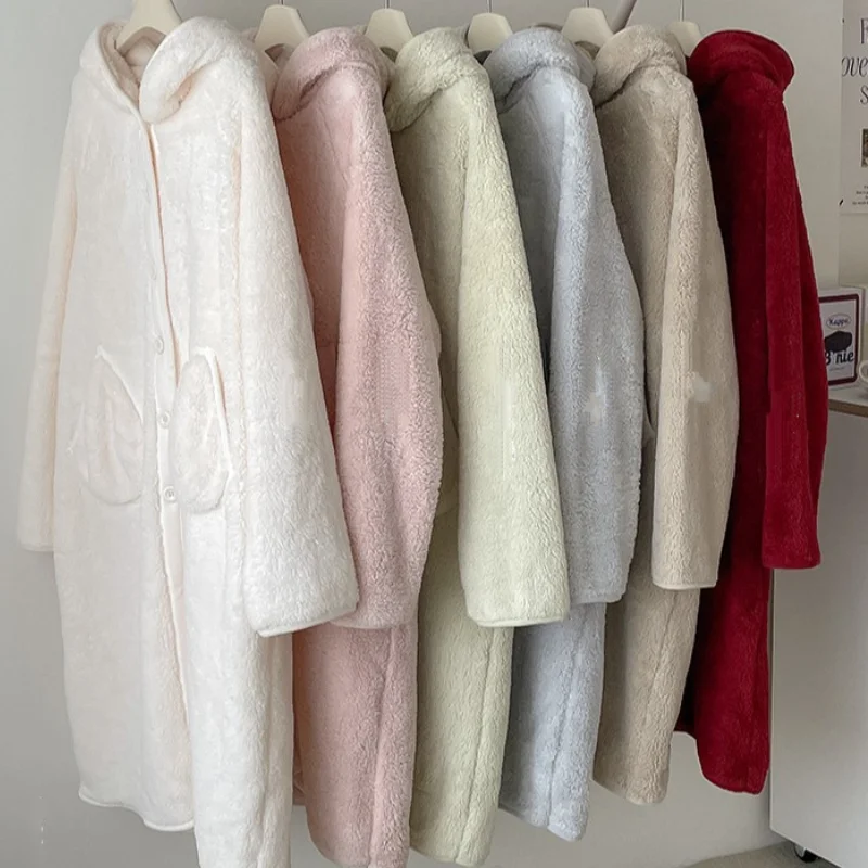 Thick Warm Coral Fleece Sleepwear Kimono Gown Long Sleeve Hooded Nightwear Women Elegant Daily Casula Button Home Clothes