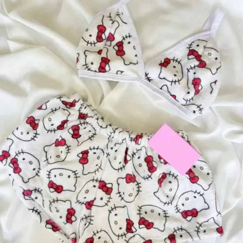 

Sweet Hello Kitty Anime Kawaii MINISO Ins Soft Pajamas Vests Cute Cartoon KT Cat Shorts Underwear Casual Home Wear Pants Gifts