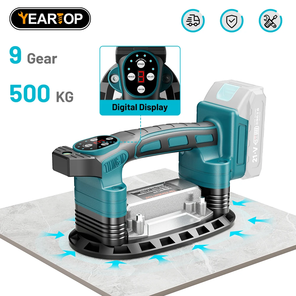 YEARTOP Máquina Vibradora Niveladora de Azulejos de 9 Velocidades, 500KG, Vibrador para Colocación de Azulejos, Herramienta Eléctrica para Paredes y Pisos, Compatible con Batería Makita de 18V