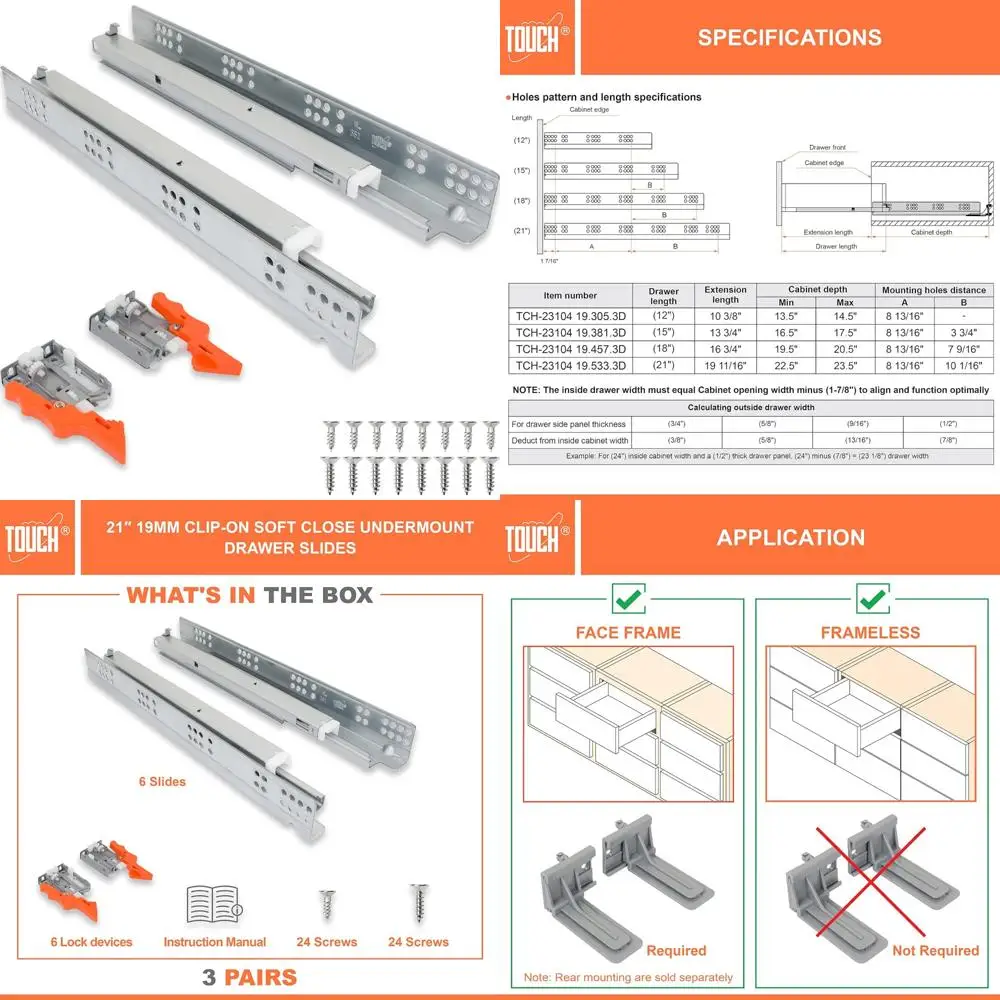 

Направляющие для ящиков Soft Close под креплением, 3/4 дюйма, 3 пары, длина 21 дюйм, скрытые направляющие для плавного движения ящика