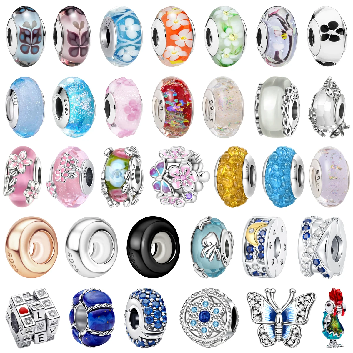 

New Fashion 925 Pure Silver Flower Butterfly Shell Glass Funny Magic Cube Bag Camera Charm Beads fit DIY Bracelet Fine Jewelry