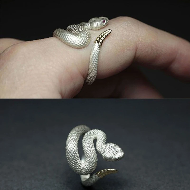 Rattlesnake Ring for Women Men Retro Silver Color Snake Female Ring Adjustable