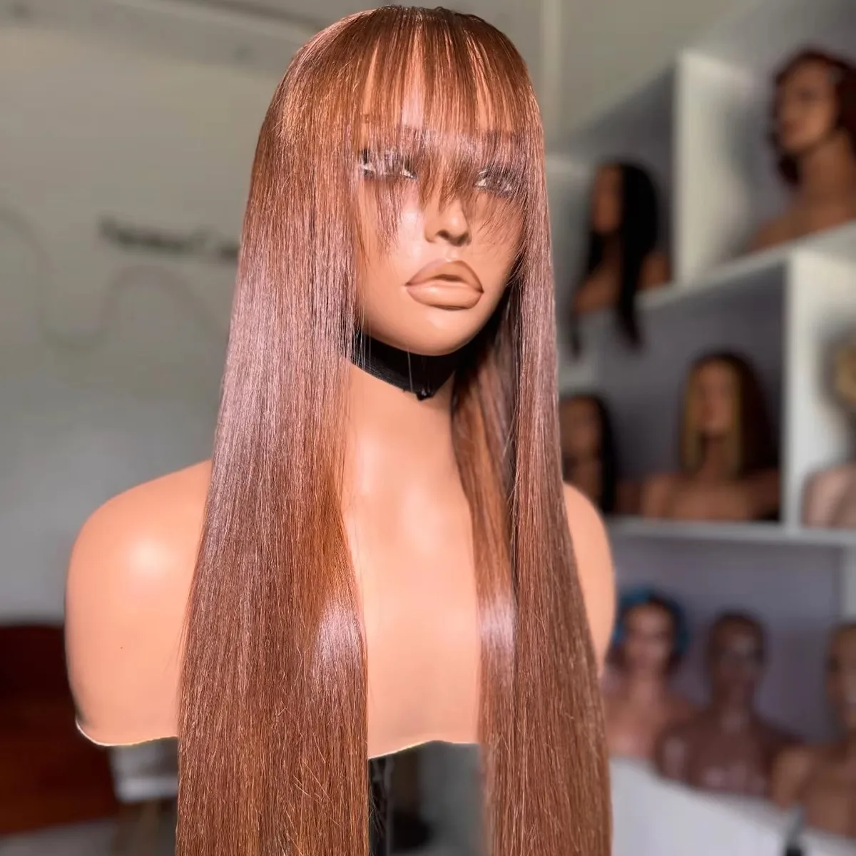 Chocolate Brown Straight Lace Front Wig With Bangs 13x4 HD Pre Plucked Glueless Synthetic And Blend Cosplay On Clearance pelucas