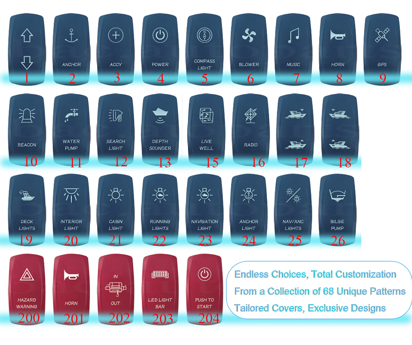 Fully Customizable 2G Rocker Switch Panel Kit Design Your Own for Winch Linear Actuator Trim Tabs 12V/24V Waterproof Pre-wired