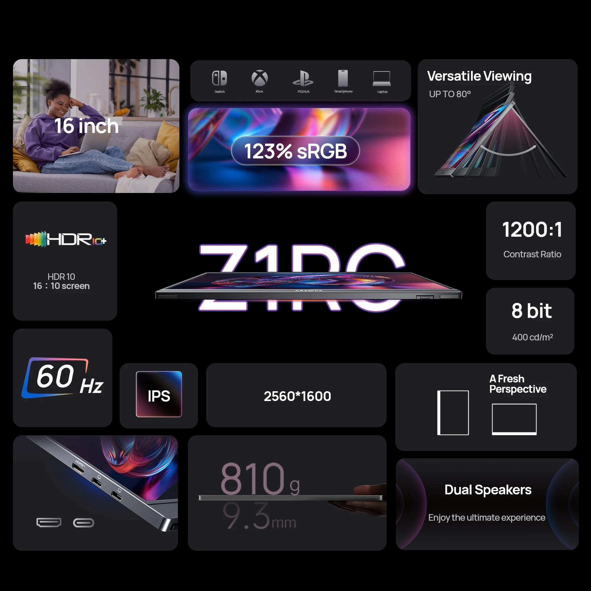 ARZOPA 16-calowy przenośny monitor 2K 16:10 IPS z ekranem IPS i portami Type-C Mini HDMI, drugi wyświetlacz do MAC/Laptopa/PC/Xbox/PS4/5/Switch, Z1RC — zdjęcie produktu 2