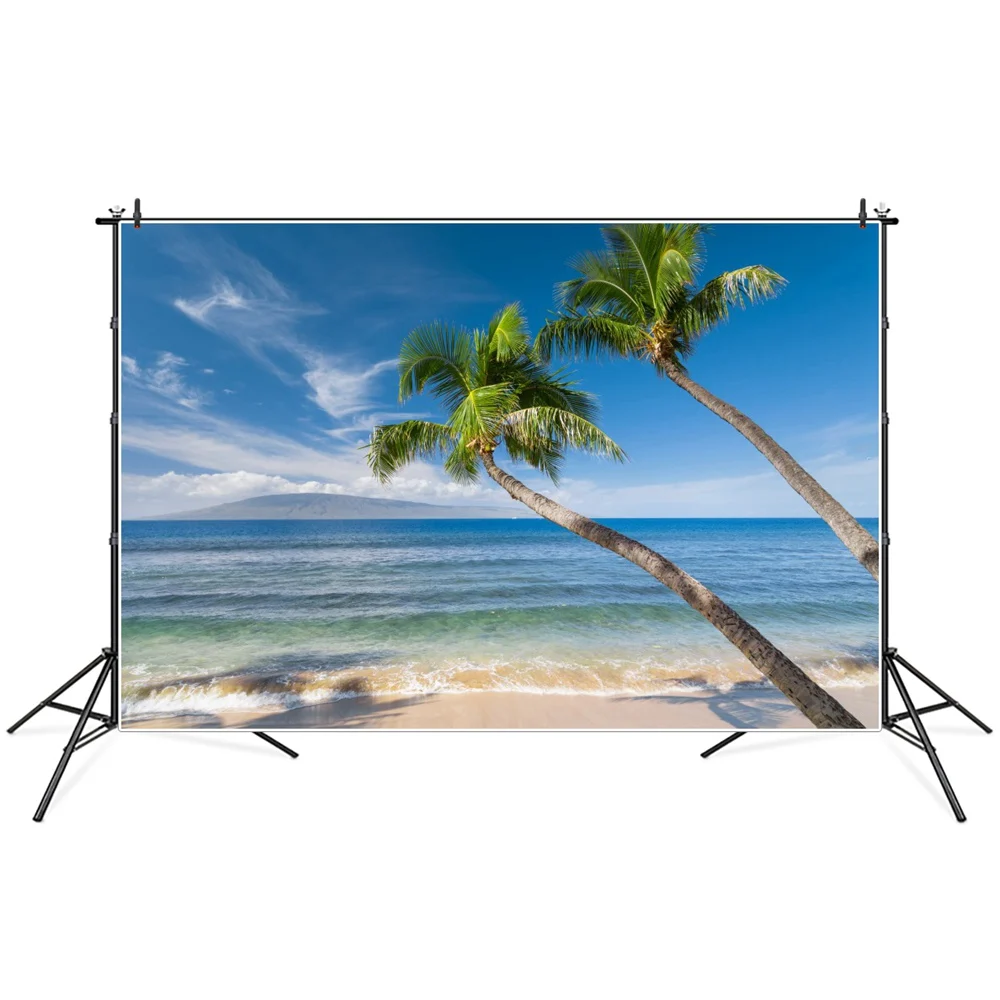 열대 야자수 해변 경치 좋은 사진 배경 푸른 하늘 파도 바다 여름 휴일 파티 장식, Photocall 사진 배경
