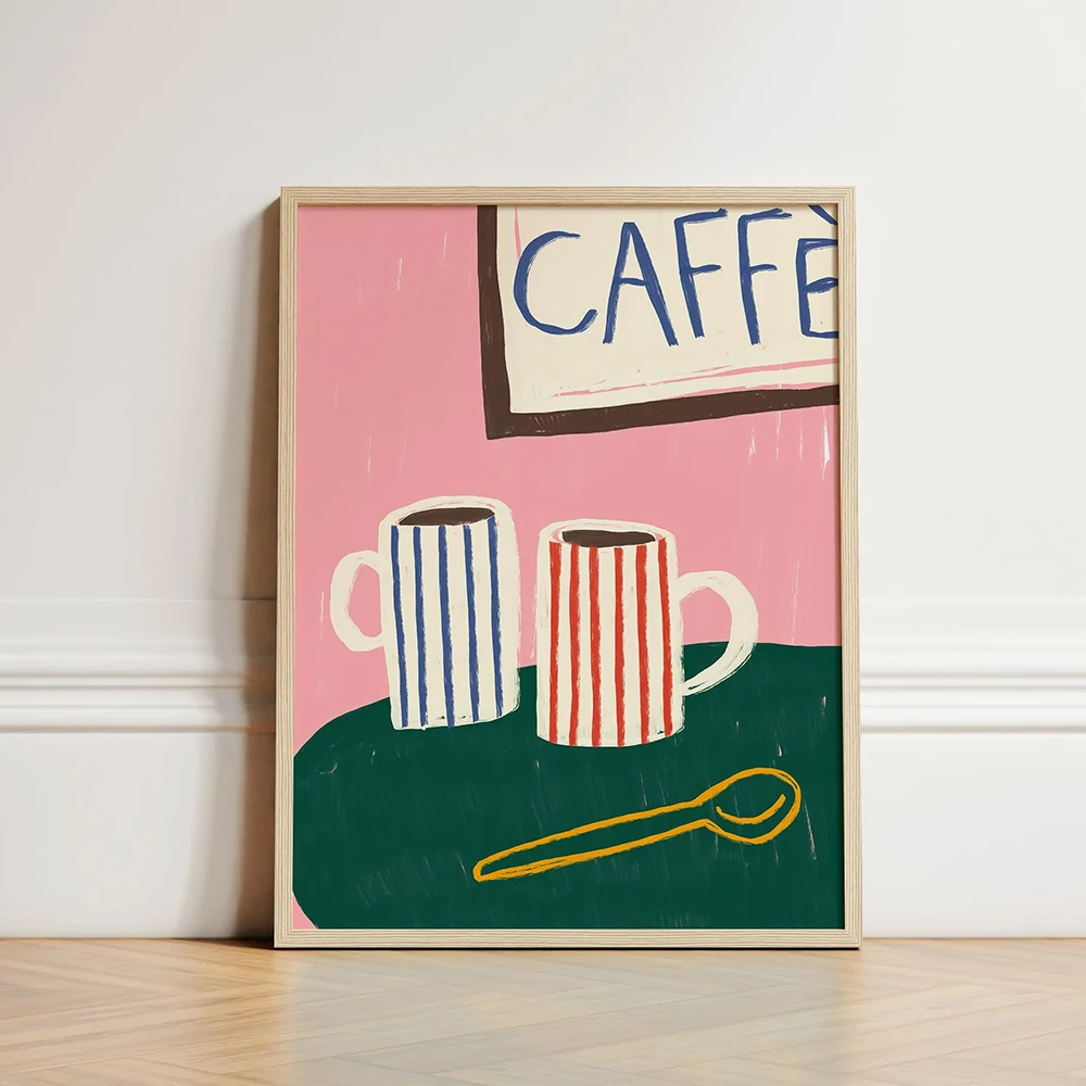 Caffé Stripe Mugs Print Coffee Classic Egg Sandwich Poster Wall Art Decor Aesthetic Trendy Kitchen Dining Room Home Decor Murals