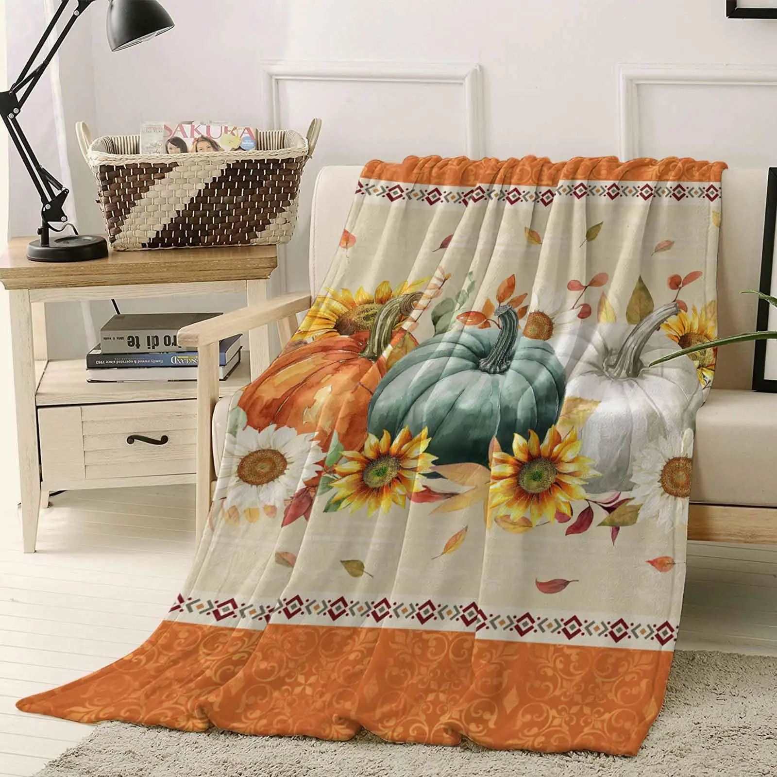 

Fall Pumpkin Sunflower Throw Blanket Orange Pattern , Warm Lightweight Short Plush Moving Blankets & Throws for All Season