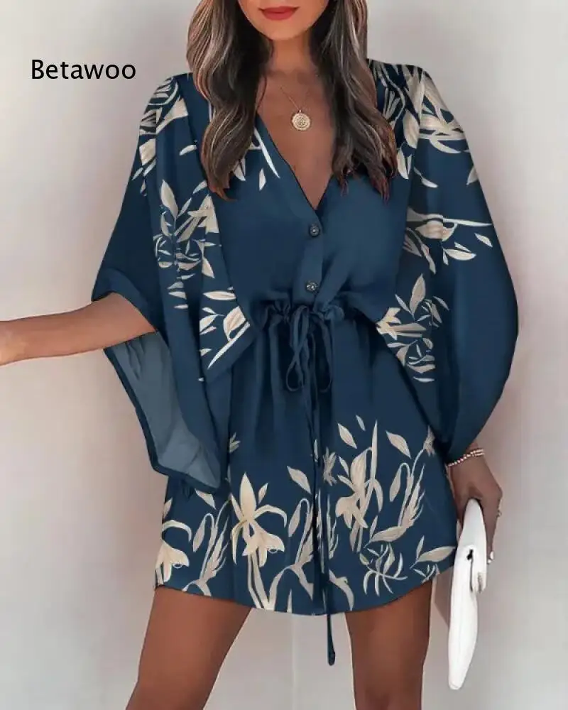 Dolman Sleeve Floral Print Front Button Waist Drawstring Dress