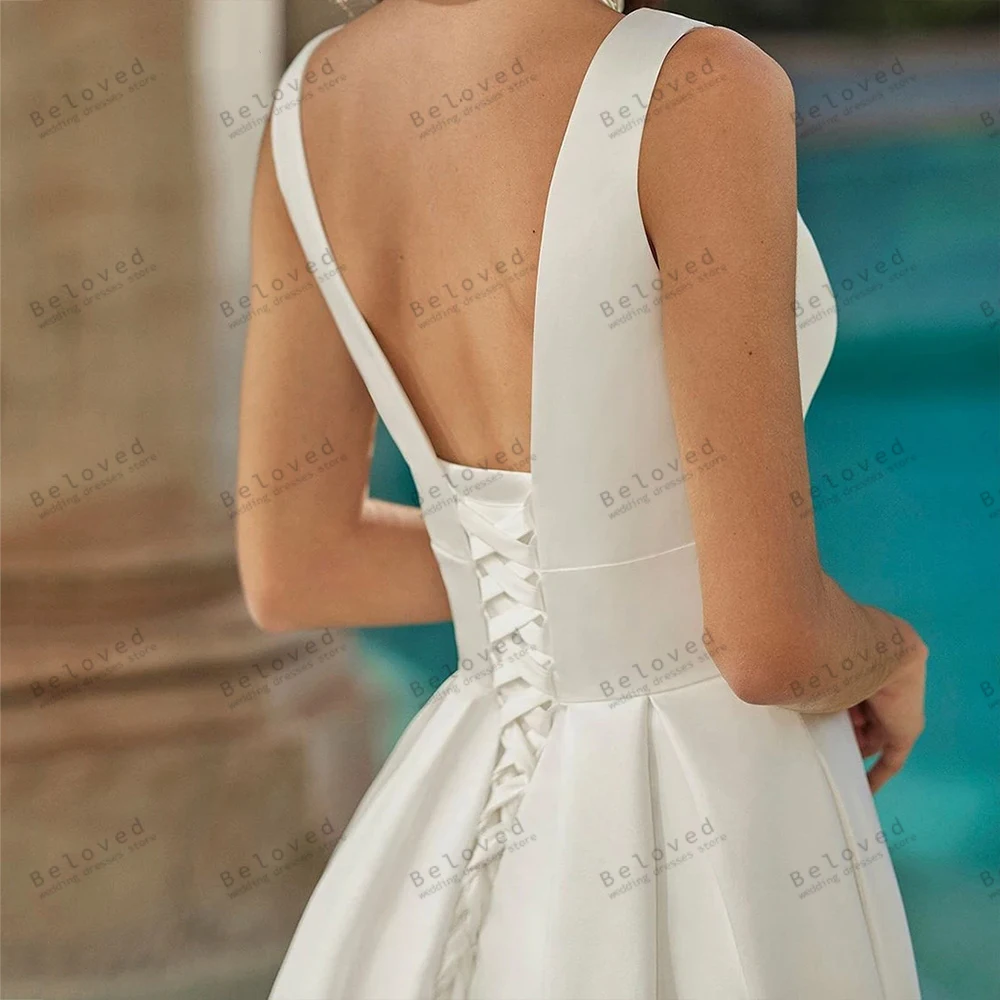 A Linha De Cetim Vestidos De Noiva, Vestidos De Casamento Simples, V-Neck, Sem Mangas, Sem Encosto, Robes Sexy, Lace Up Back, Glamorous