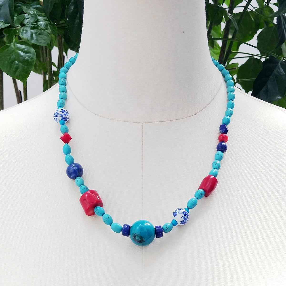 Lii Ji Blue Red Necklace Turquoise  Coral Blue and White Porcelain Necklace 56cm Women Jewelry Stock Sale