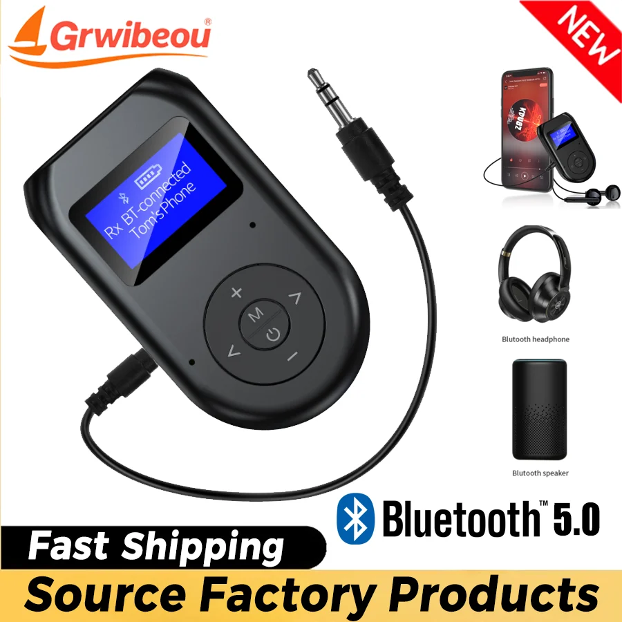 Grwibeou Bluetooth 5.0 Transmitter Receiver 3 in 1 Wireless Bluetooth V5.0 Adapter with Display Screen Low Latency Audio Adapter