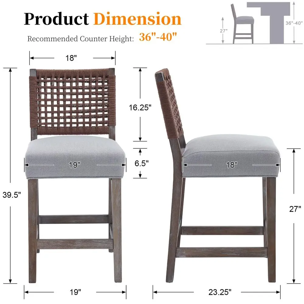 

27 Counter Height Bar Stools Set of 2, Farmhouse Wood Barstools with Linen Seat and Woven Backrest, 6.5in holstered Bar Chair