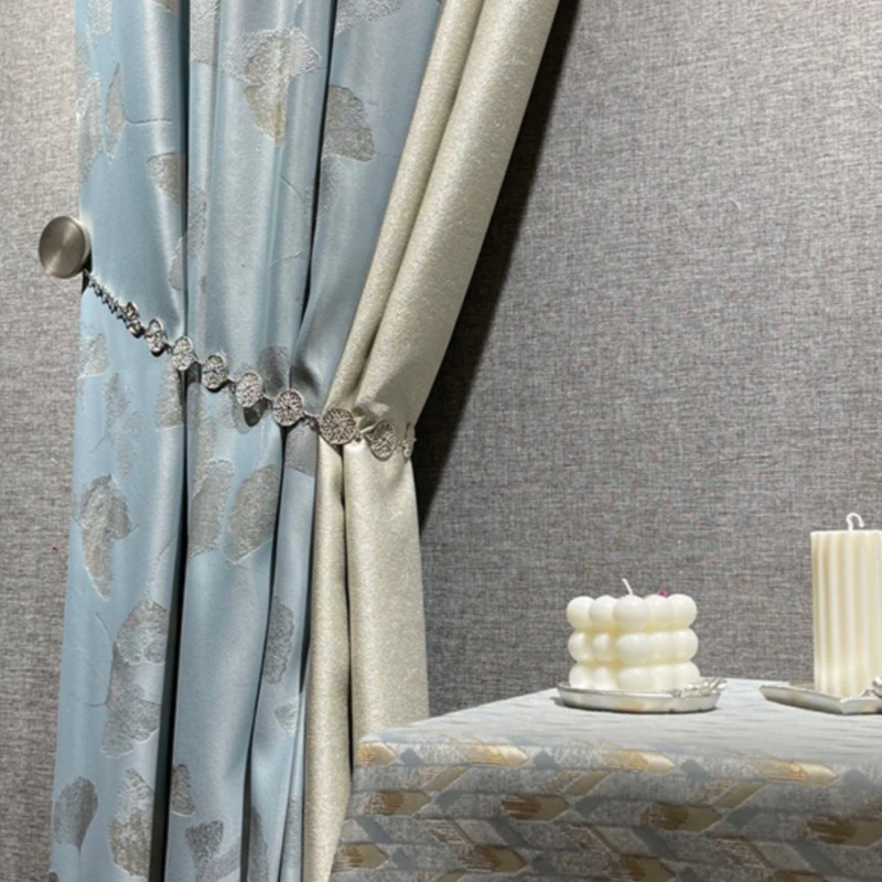 Glacier Blue Luxury Jacquard Spliced Curtains High Precision, High-end, Minimalist, Modern Semi Shading Curtain Customization