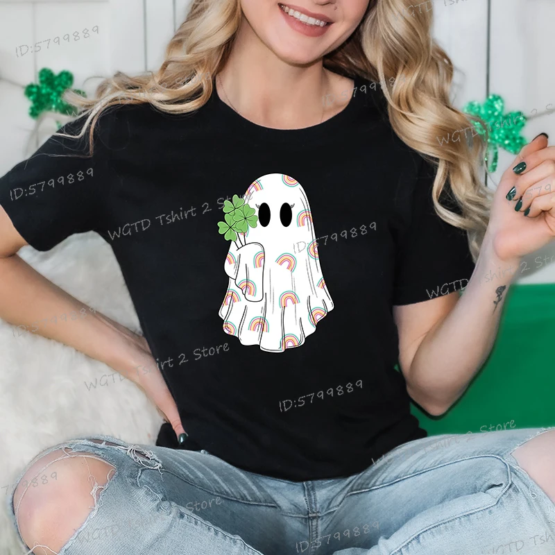 St. Patricks Day Ghost T-shirt Women Rainbow Ghost Cartoon Funny T Shirts Lucky Clover Gifts Ghost with Shamrock Casual Tshirt