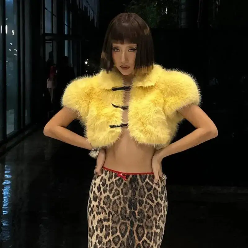 

Fluffy Faux Fur Women Jackets Crop Top Turn Down Collar Short Sleeves Belt Buckles Cardigans Coat Fashion Warm Vest Outerwear