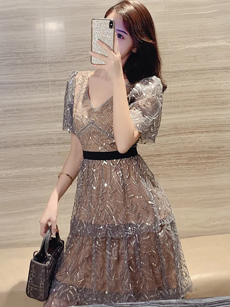 SMTHMA 2024 New Arrive Summer Short Sleeve Sequin Midi Dress Sexy V-Neck High Quality Runway Long Dresses Vestidos