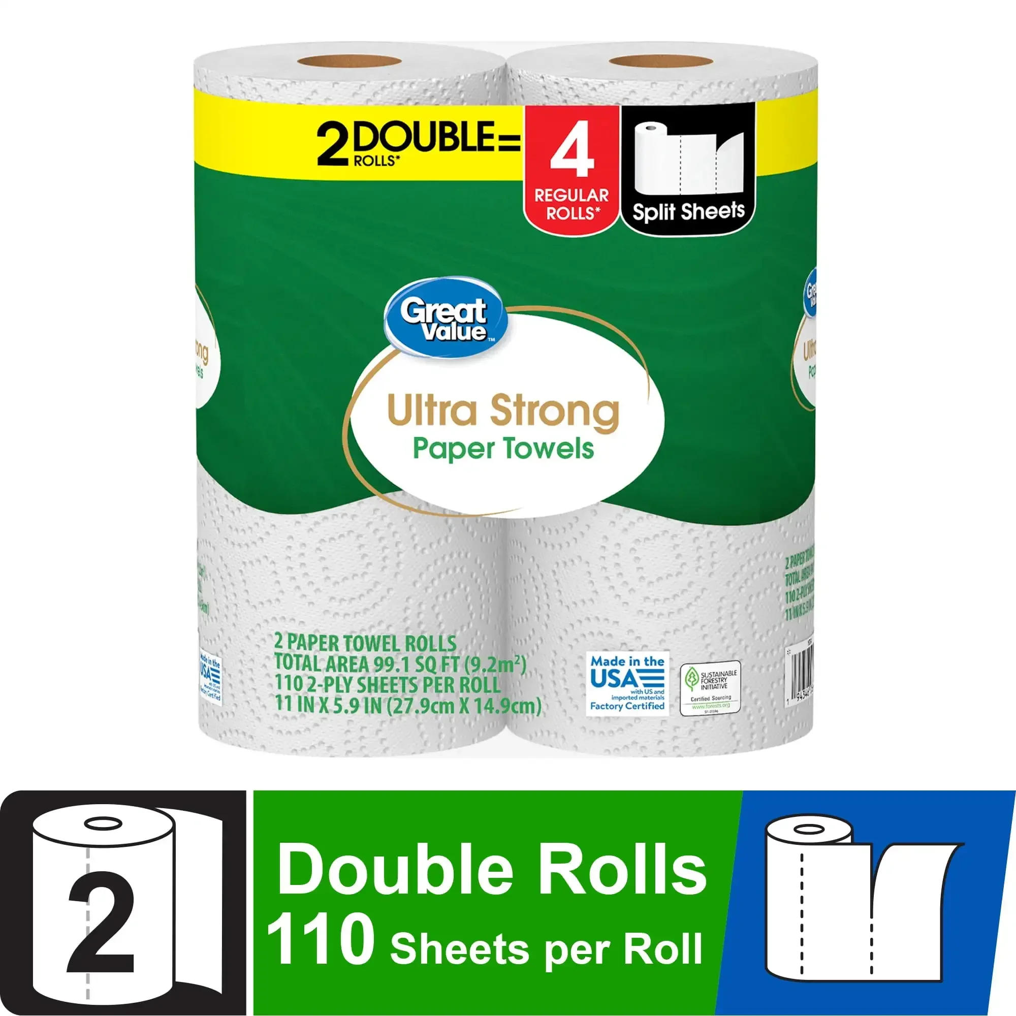 HOT-Great Value Ultra Strong Paper Towels, White, 2 Double Rolls