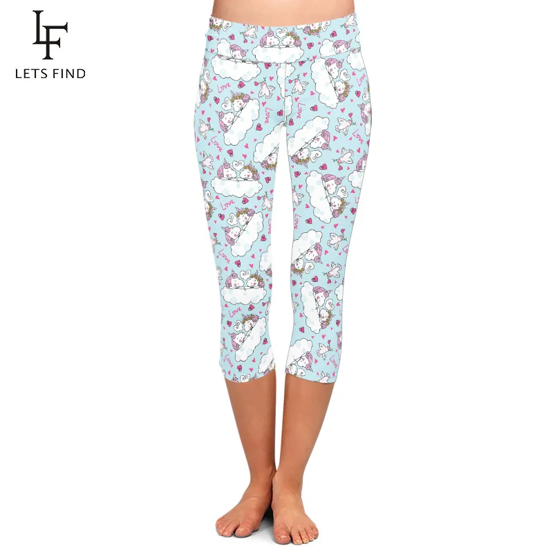 LETSFIND – Leggings de Fitness taille haute pour femmes, imprimé mignon licorne tombant amoureux, mi-mollet, Capri