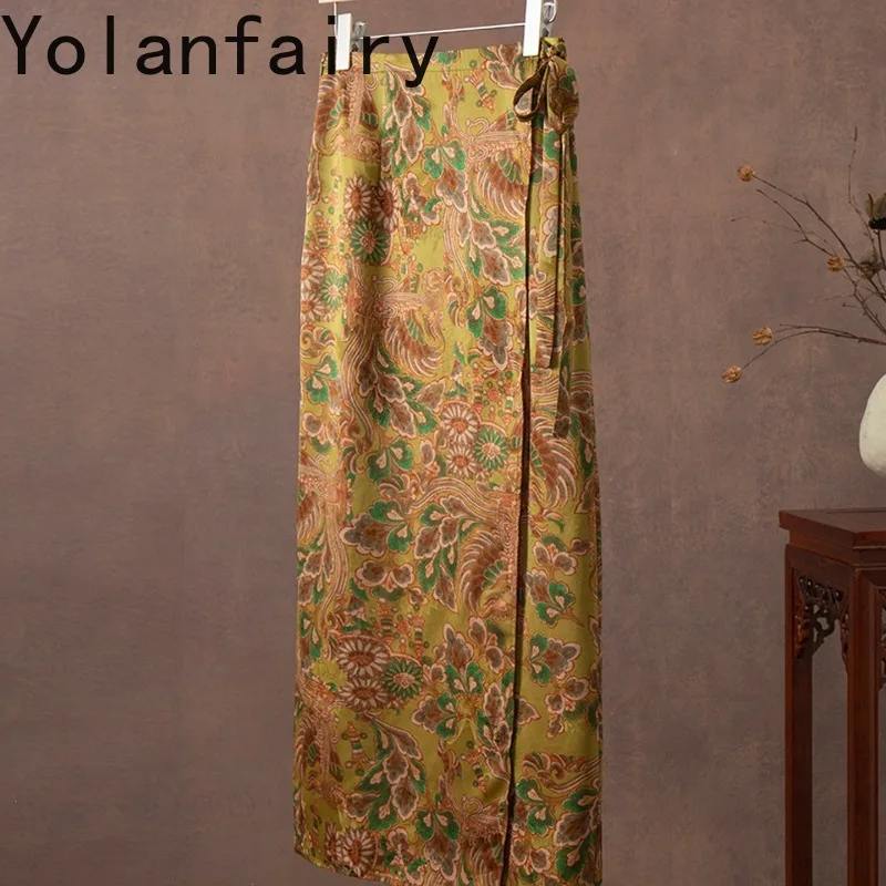 YOLANFAIRY 100% Natural Mulberry Silk Skirt for Women Gambiered Printed Straight Silk Skirt Wrap Waist Tie Skirts Long Back Slit