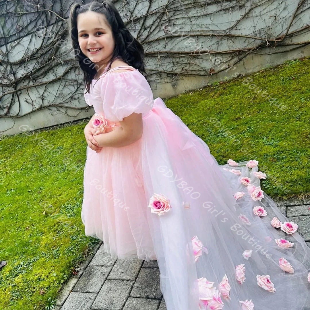 여아용 핑크 튤 공주 드레스, 트레인 있는 오프숄더 퍼프 소매 플라워 걸 드레스, 어린이 맞춤 웨딩 파티 가운