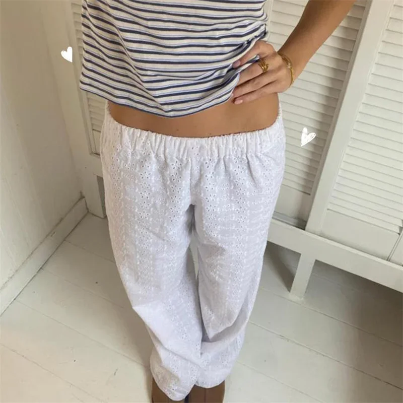 y2k Pants Women Aesthetic Clothes White Hollowed Flower Lace Elastic Low Waist Baggy Loose Trousers 2000s Streetwear