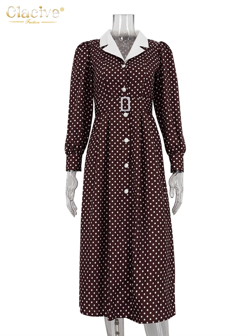 Clacive Fashion Loose Print Women Dress 2025 Casual Lapel Long Sleeve Office Lady Midi Dresses Elegant Classic Belt Female Dress