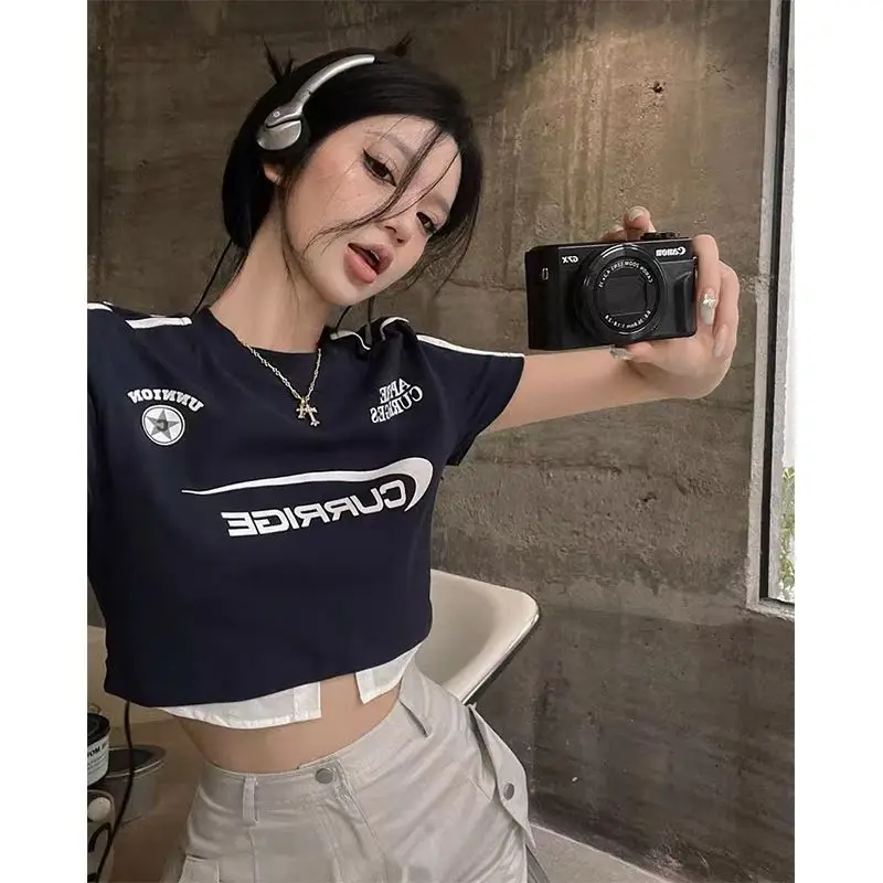 Y2K American Hot Girl Outfit Cropped Fake Two-Piece T-Shirt & High Slit Cargo Skirt Set Streetwear Summer Two Piece Set Fashion