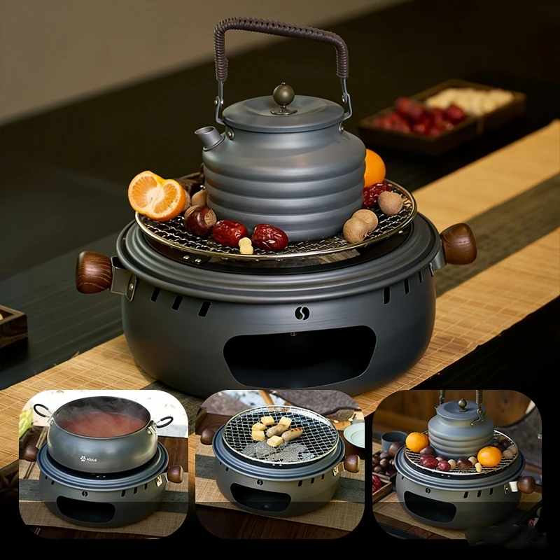 Multifunctional Camping Cookware Set ALOCS Aluminum Alloy Tea Boiler Grill Portable Outdoor Cooking Kit for Picnic BBQ Heating