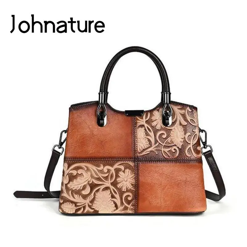 Johnature 2024 New Genuine Leather Women Bag Retro Embossed Handbag Hand Brushed Versatile Real Cowhide Leisure Shoulder Bags