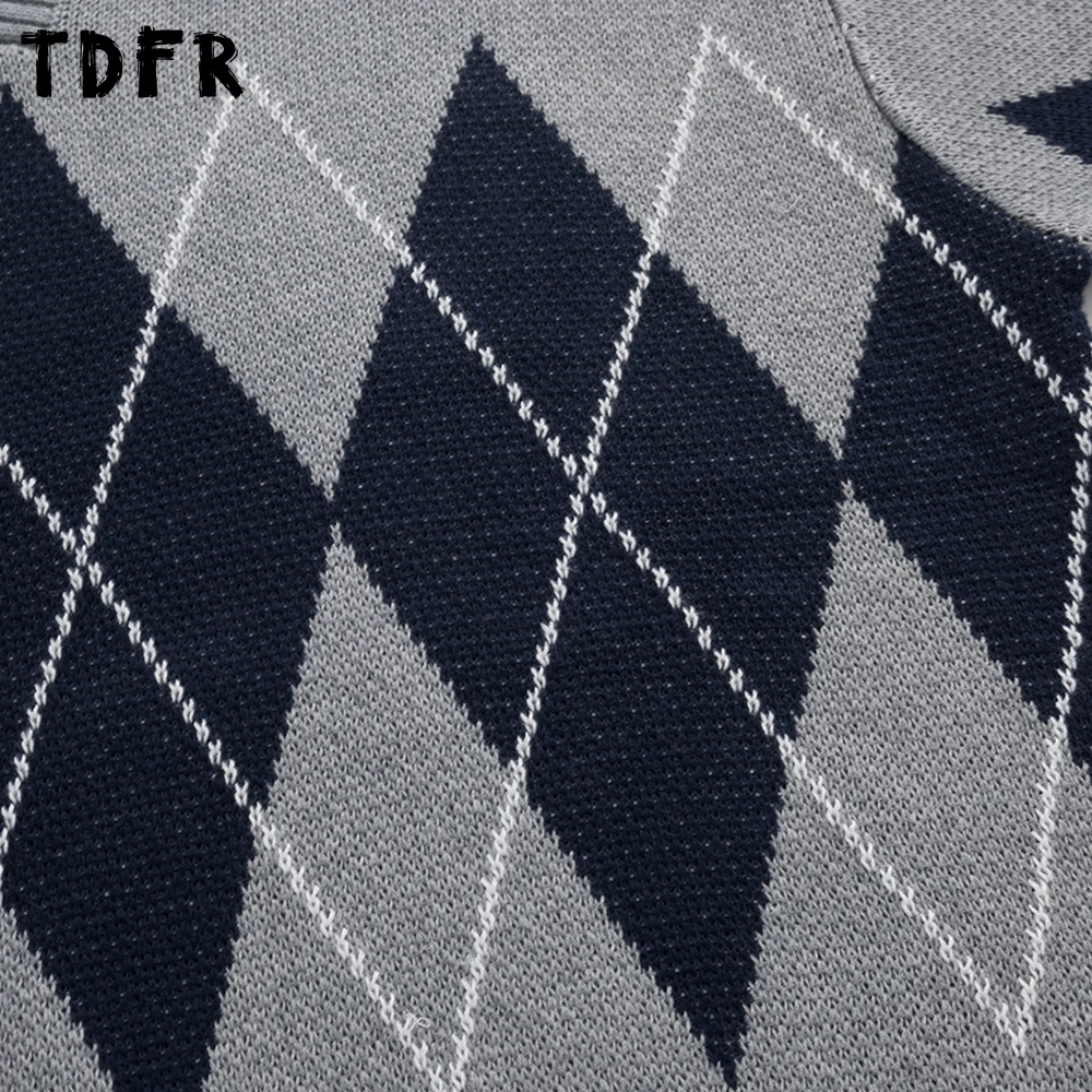 Suéter de Jacquard a cuadros con rombos para hombre, Jersey de punto de manga larga con solapa holgada informal Retro para otoño e invierno