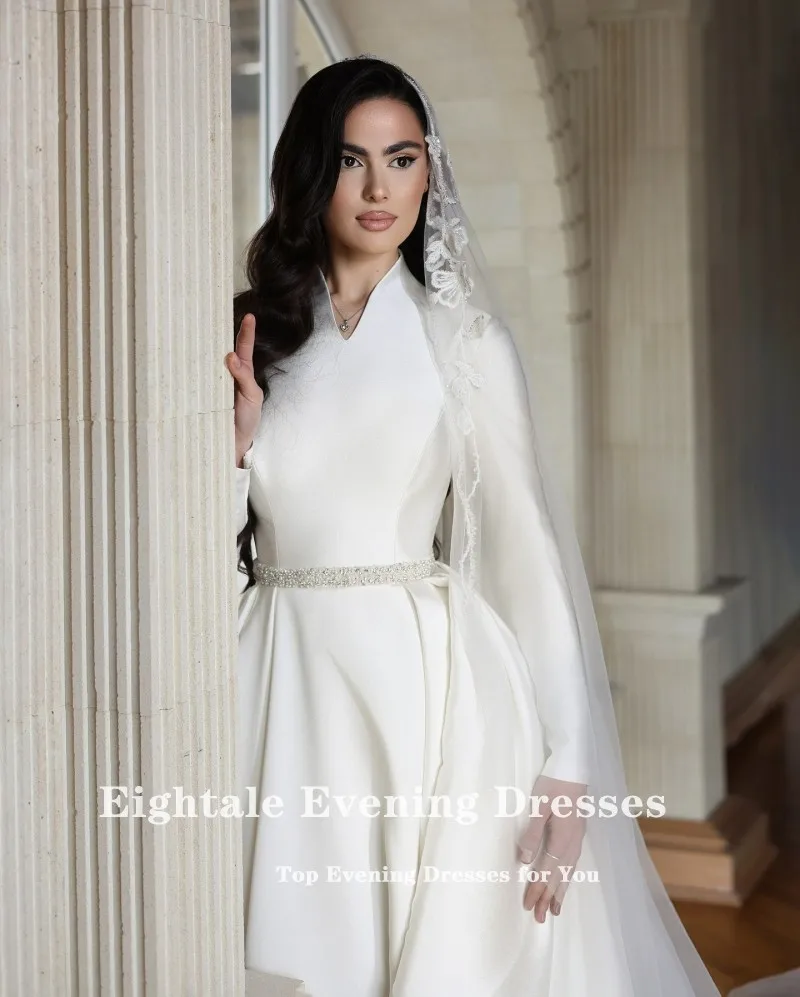 Eightale Abito da sposa arabo Personalizzato Bianco Avorio Scollo a V Perline Maniche lunghe Pizzo Abito da sposa in raso musulmano Robe De Mariée