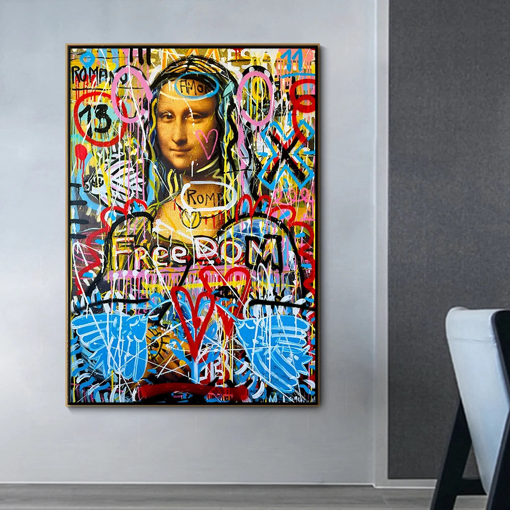 Mona Lisa Poster, Freedom Stree Graffiti Wall Art, Modern Canvas Painting Print, Abstact Picture, Living Room Home Decor Cuadros