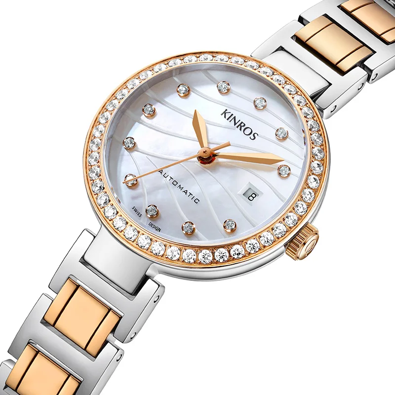 Kinros Originele Zwitserse Geïmporteerd Eta Automatische Mechanische Beweging Luxe Diamond Sapphire Crystal Waterdichte Vrouwen Horloge