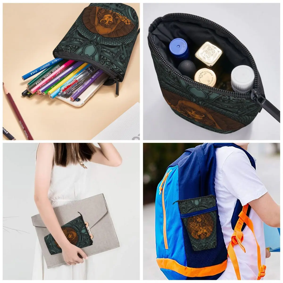 Sugar Woman Skull con incisione Ornament Frame Pen Box Student School Zipper Pen Bag Pencase astuccio retrattile verticale