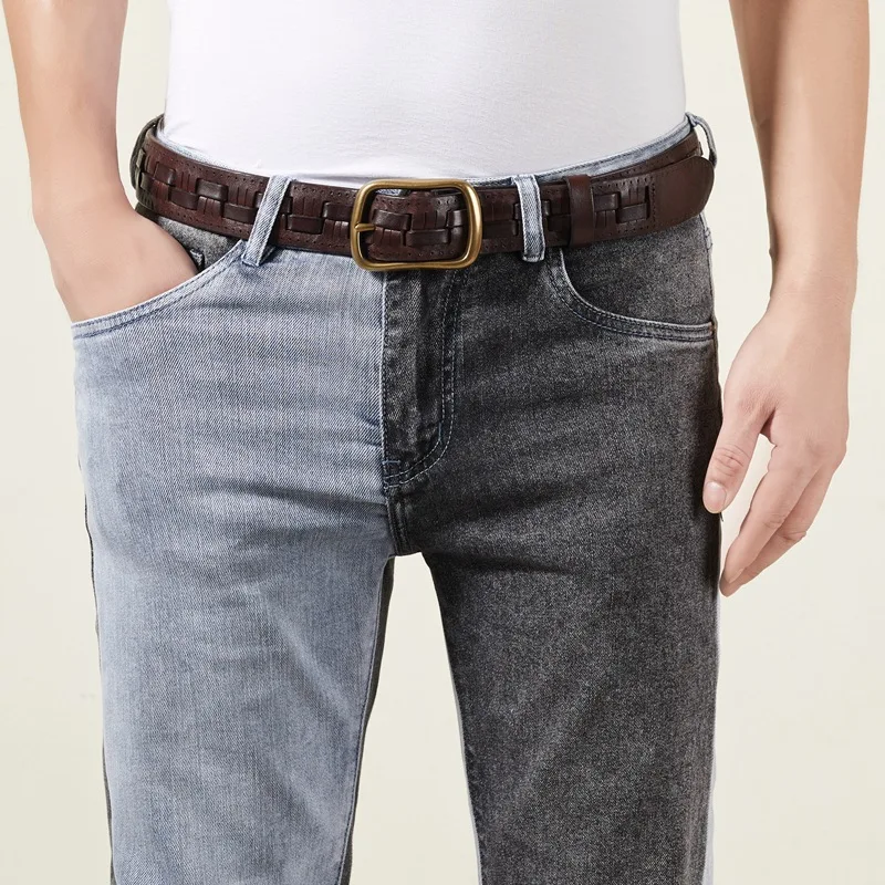 

New style trendy braided belt men's genuine leather pin buckle top layer cowhide youth retro handmade personality braided trous