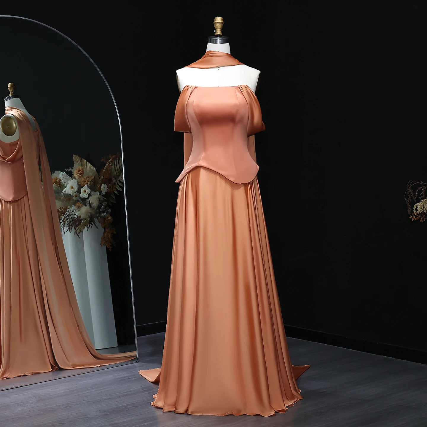 Sharon Said Elegant Brown Off Shoulder Evening Dress with Scarf Chiffon Arabic for Women Wedding Dress Gown SF593 Customized image 2