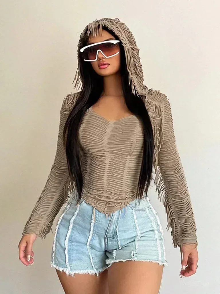 

2024 Autumn Vibrant Fringe Spaghetti Strap Cami Top For Women Casual Long Sleeve Y2K Streetwear Female Elegant Hooded T-shirt