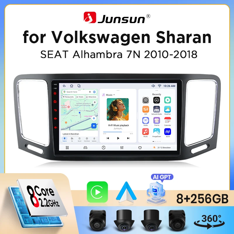 Junsun Wireless CarPlay Android Auto Autoradio für Volkswagen (VW) Sharan / SEAT Alhambra (7N) 2010-2022 mit eingebautem Lüfter, Android GPS-Navigation, Multimedia-Player, WiFi, DSP, RDS, BT, SWC,
